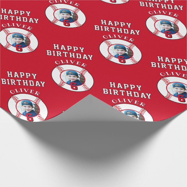 Red Baseball Ball Kids Birthday Photo Wrapping Paper (Corner)