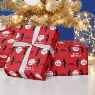 Red Baseball Ball Player Kids Name Birthday Wrapping Paper