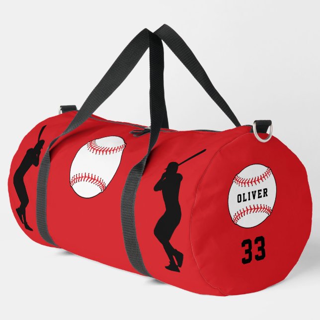 Red Baseball Ball Player Silhouette Name Number Duffle Bag (Left Corner)