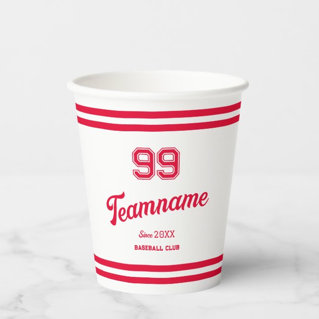 Red Baseball Club Custom Player Number & Team Name Paper Cups (Front)