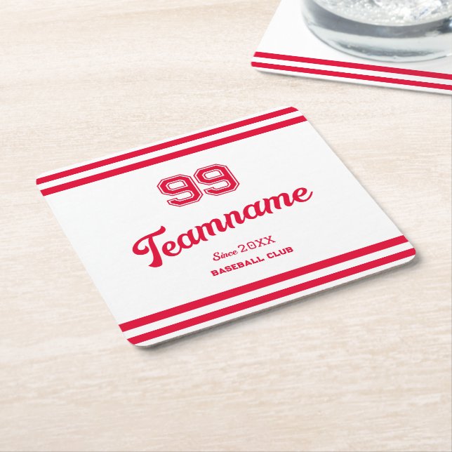 Red Baseball Club Custom Player Number & TeamName Square Paper Coaster (Angled)