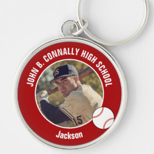 Red Baseball Player Photo High School Spirit Key Ring