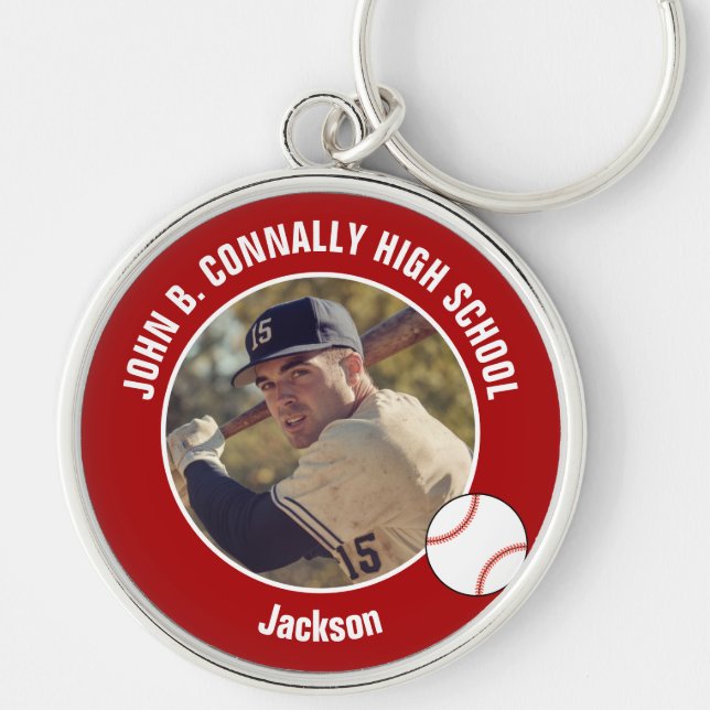 Red Baseball Player Photo High School Spirit Key Ring (Front)