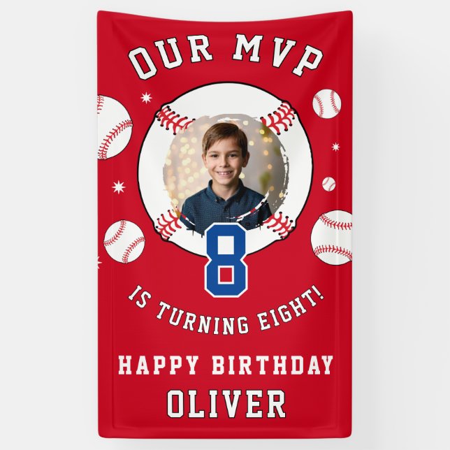 Red Baseball Themed Kids Birthday Photo Banner (Vertical)