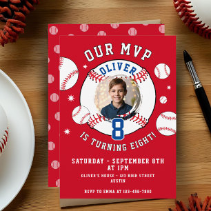 Red Baseball Themed Kids Birthday Photo Invitation