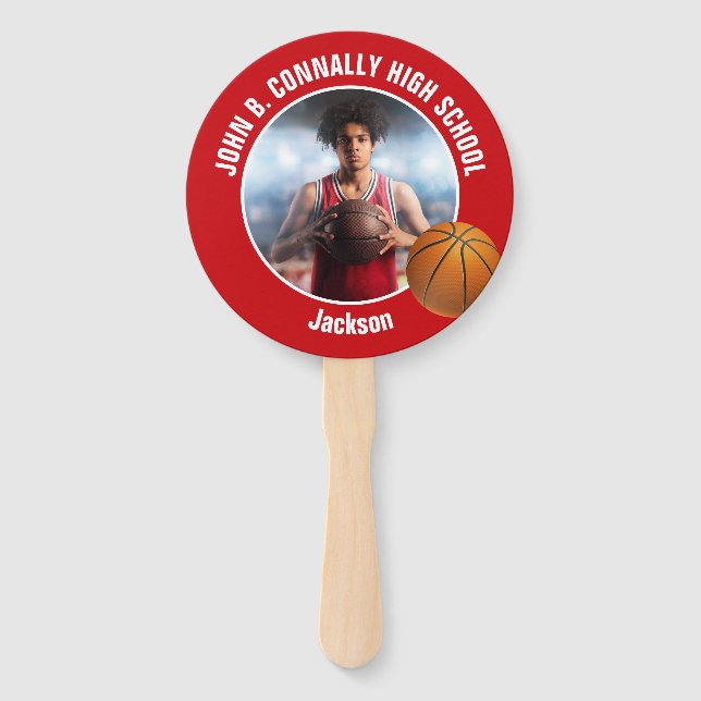 Red Basketball Player Photo High School Spirit Hand Fan (Front)