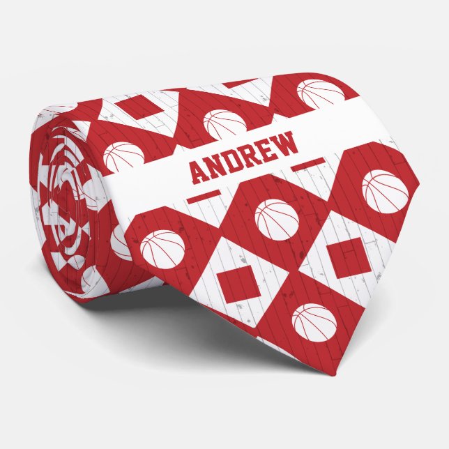 Red Basketball Wood Floor Argyle Pattern Tie (Rolled)