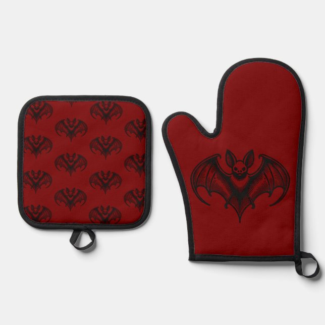 Red Bat Patterned Oven Mitt and Pot Holder Set (Front)