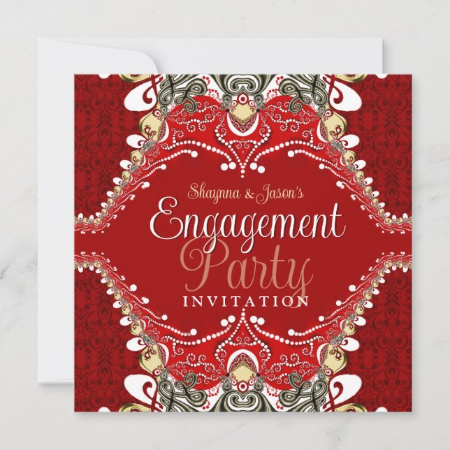 Red Batik Bohemian Engagement Party Invitation (Front)