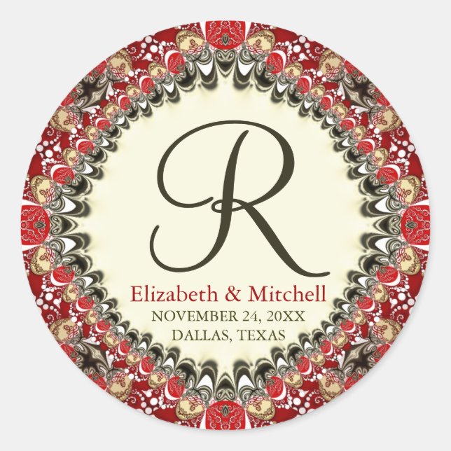 Red Batik Lace Monogram Wedding Classic Round Sticker (Front)