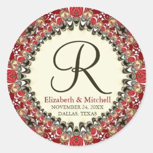 Red Batik Lace Monogram Wedding Classic Round Sticker