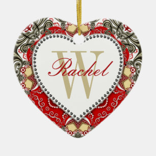 Red Batik Monogram Love Heart Ornament