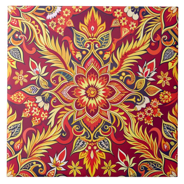 Red Batik Pattern Floral Print Traditional Ethnic Ceramic Tile (Front)