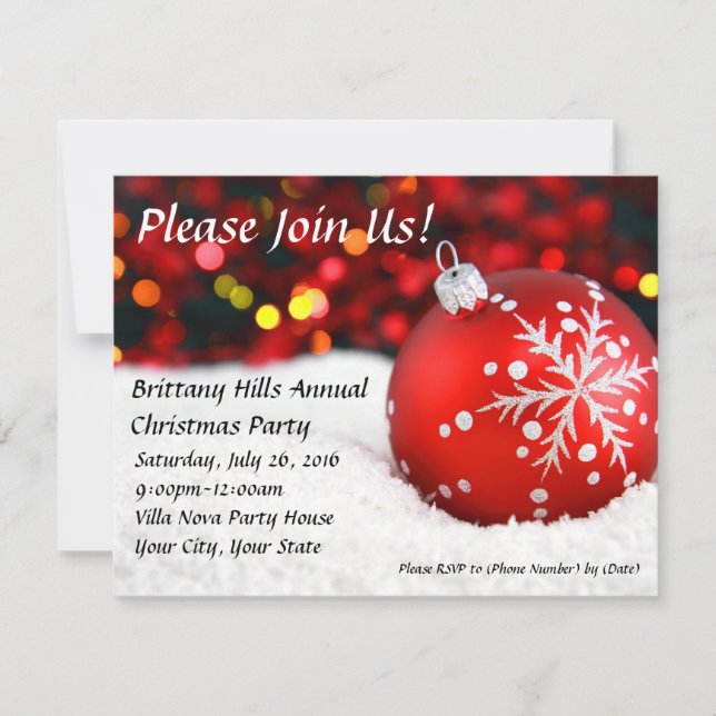 Red Bauble Snow Custom Christmas Invitations (Front)