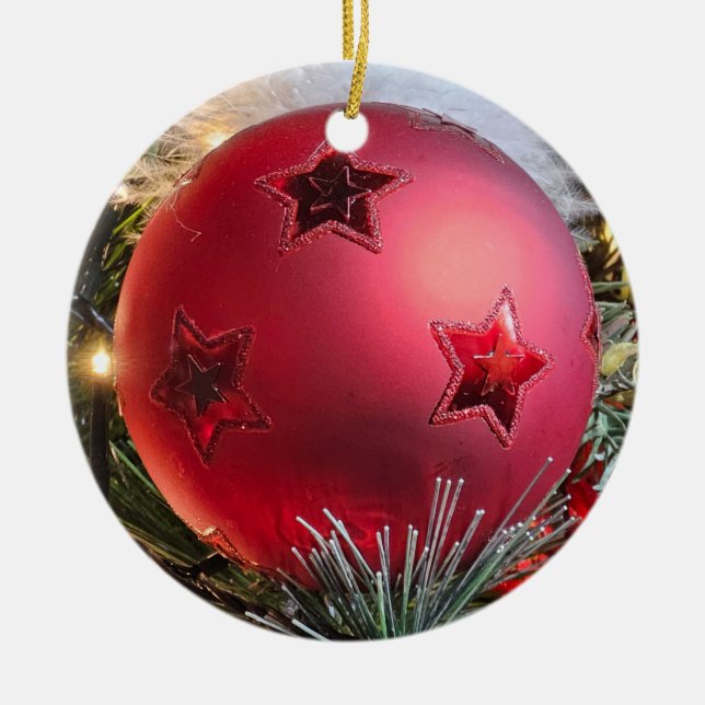 Red bauble up close Christmas tree ornament (Front)