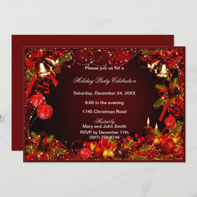 Red Baubles Bells Candles Christmas Party Invitation (Front/Back)
