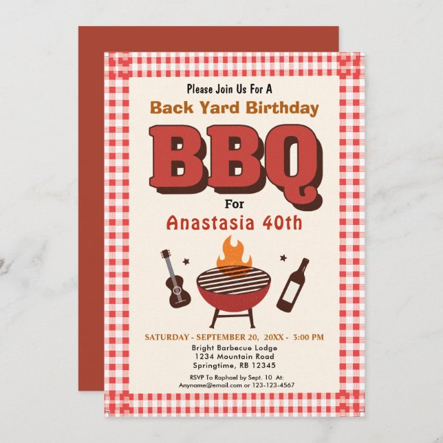 Red BBQ Barbecue Country Western BackYard Birthday Invitation (Front/Back)