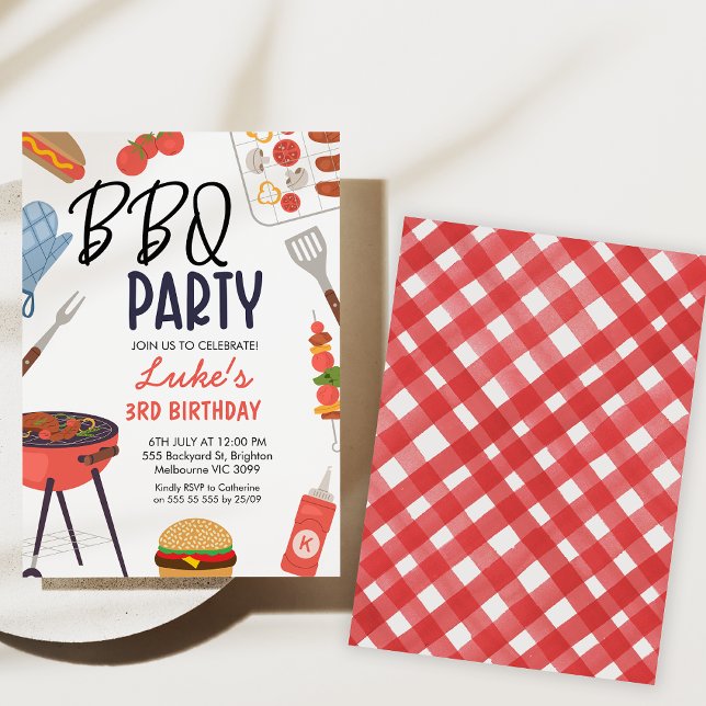 Red Bbq Blue Oven Mitt Boys Bbq Birthday  Invitation (Bbq birthday party invitation, Backyard Bbq Birthday Invitation, Gingham, blue mitt, Summer Bbq)