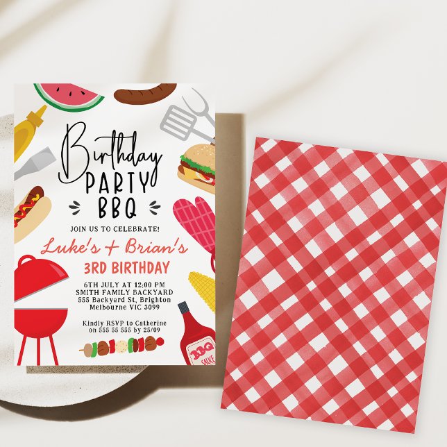 Red Bbq Twins or Join Birthday Invitation (Red Joint BBQ birthday Party Invitation, Dual BBQ Birthday Party Invite Barbecue Summer Party Invite)