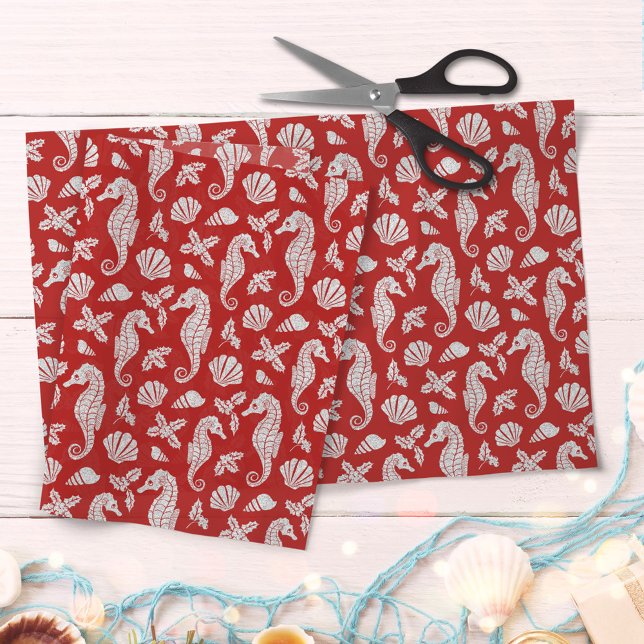 Red Beach Christmas Seahorses Pattern Tissue Paper (Creator Uploaded)