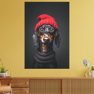 Red Beanie Dachshund Canvas Print