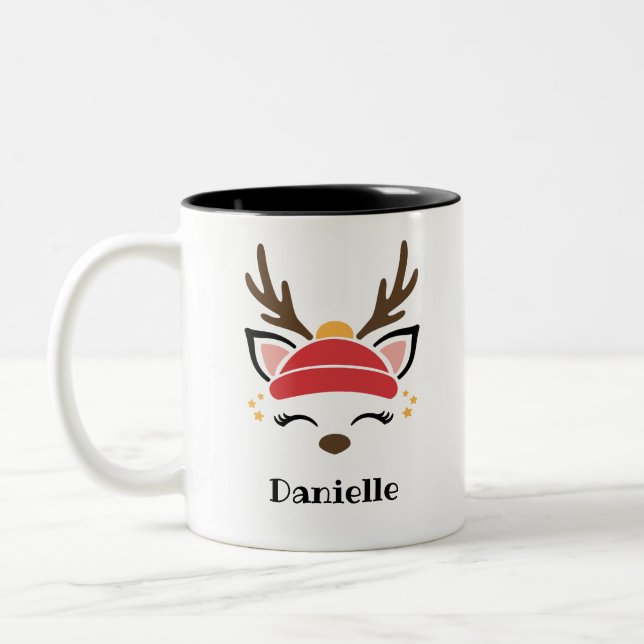 Red Beanie Reindeer Face Personalised Name Holiday Two-Tone Coffee Mug (Left)