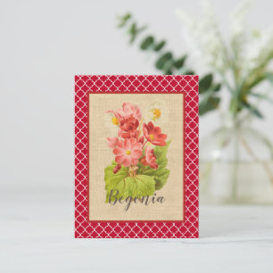 Red Begonia Botanical and Quatrefoil   Postcard