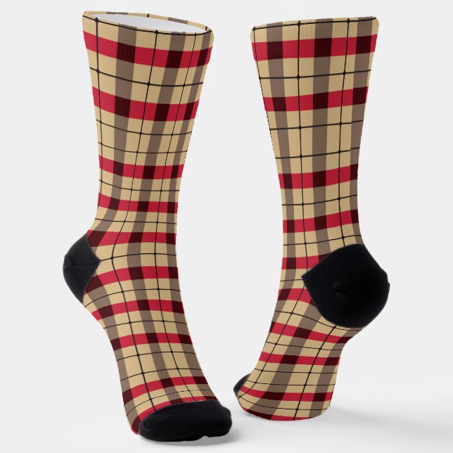 Red, Beige and Black plaid pattern Socks (Angled)
