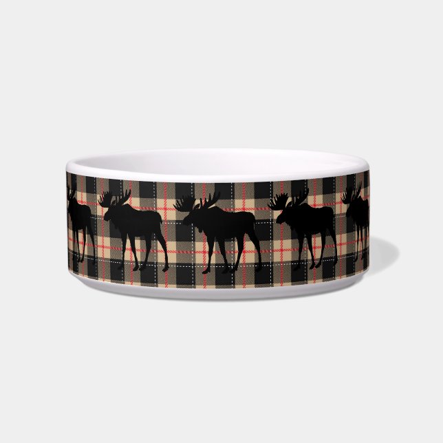 Red Beige Buffalo Plaid Bull Moose Animal Dog Bowl (Front)