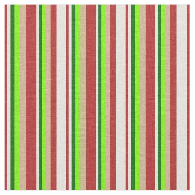 Red, Beige, Dark Green, Green & Tan Coloured Lines Fabric (Close Up)