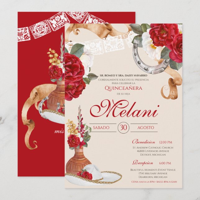 Red Beige Elegant Rose Charro Mariachi Quinceanera Invitation (Front/Back)