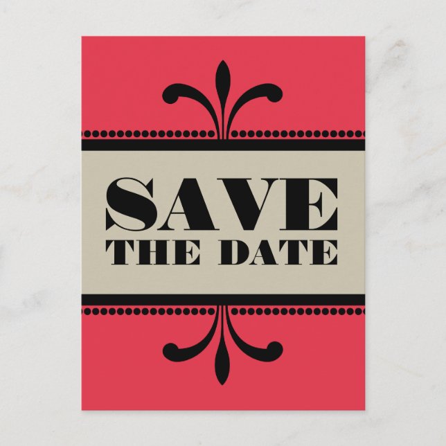 Red/Beige Fancy Art Deco Save the Date Postcard (Front)