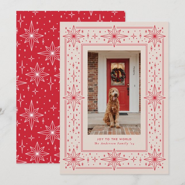 Red & Beige geometric star border Christmas Photo Holiday Card (Front/Back)