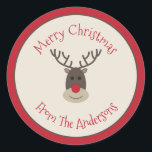 Red Beige Merry Christmas Sticker with Rudolph<br><div class="desc">Personalise these reindeer stickers with your own greeting and add them to your gift packages or envelopes.</div>