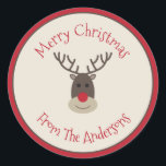 Red Beige Merry Christmas Sticker with Rudolph<br><div class="desc">Personalise these reindeer stickers with your own greeting and add them to your gift packages or envelopes.</div>