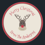 Red Beige Merry Christmas Sticker with Rudolph<br><div class="desc">Personalise these reindeer stickers with your own greeting and add them to your gift packages or envelopes.</div>
