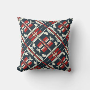 Red Beige Navy Diagonal Southwest Look Abstract Cushion