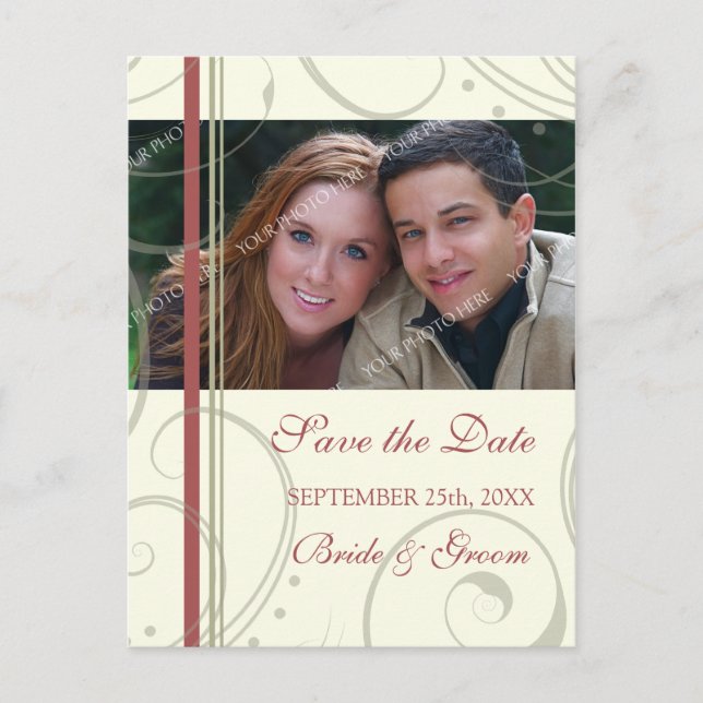 Red Beige Photo Save the Date Wedding Postcards (Front)