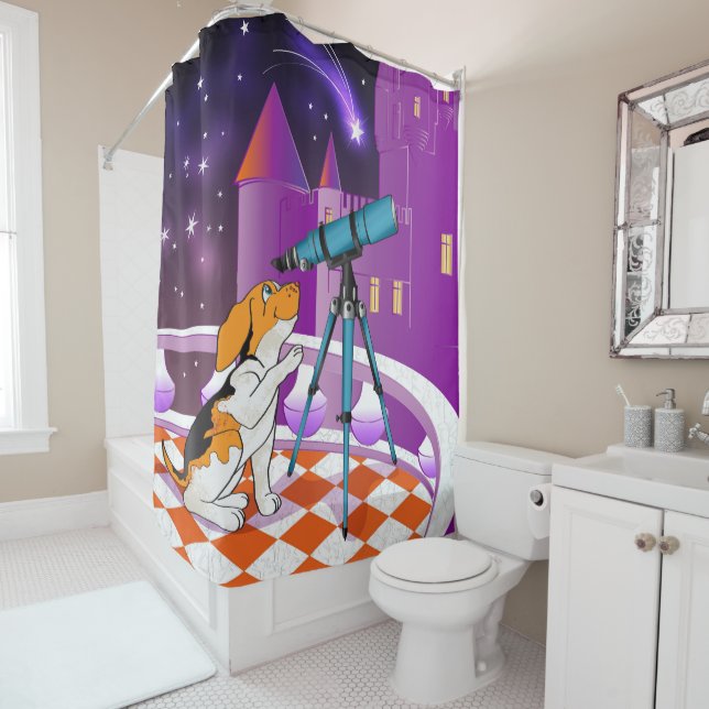 Red beige puppy and telescope shower curtain (In Situ)