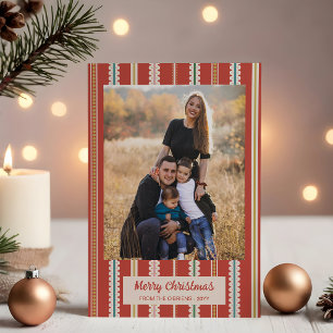 Red Beige Scalloped Stripes Photo Merry Christmas Holiday Card