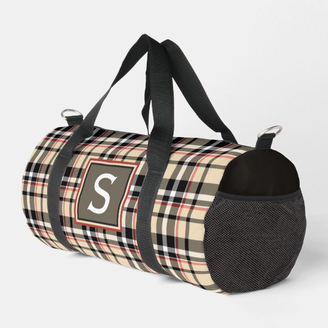 Red Beige Tan Black White Scots Clan Plaid Pattern Duffle Bag (Right Corner)