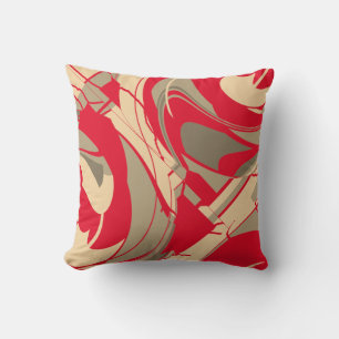 Red Beige Taupe Swirling Floral Diagonal Design Cushion