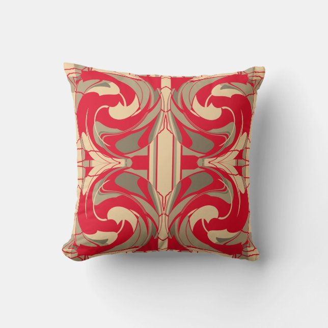 Red Beige Taupe Swirling Ornate Large Scrolls Cushion (Front)