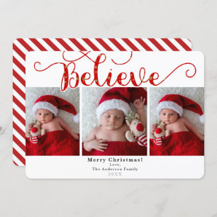 Red Believe Christmas Holiday 3 Photos Photo Invitation