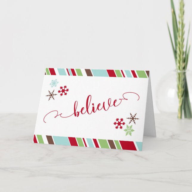 Red "Believe" Script Snowflakes & Diagonal Stripes Holiday Card (Front)
