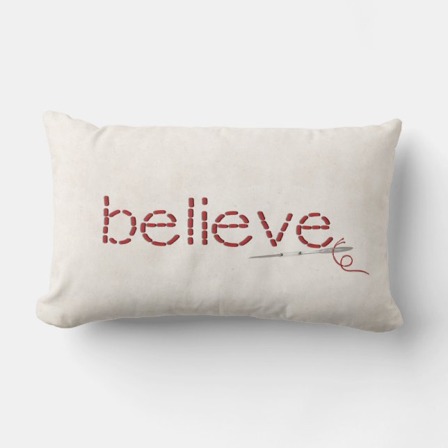 red BELIEVE text stitch with needle Lumbar Cushion (Front)