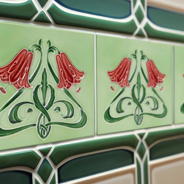 Red Bellflower Decor Art Nouveau Art Deco Ceramic Tile (Creator Uploaded)