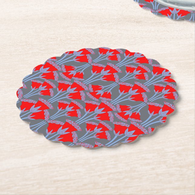 Red Bellflower Scalloped Round Paper Coaster  (Angled)