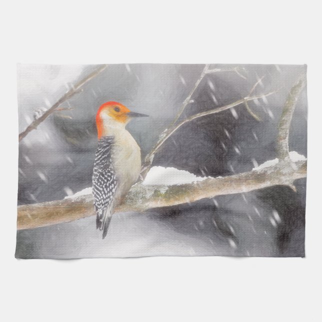 Red-Bellied Woodpecker Painting Original Bird Art Tea Towel (Horizontal)