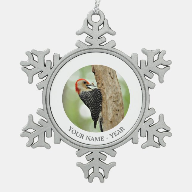 Red-Bellied Woodpecker Snowflake Pewter Christmas Ornament (Front)